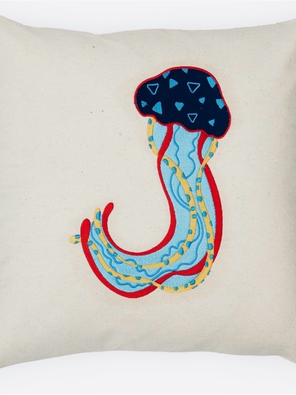 Embroidered Jellyfish Accent Pillow - Blue, Navy & Red